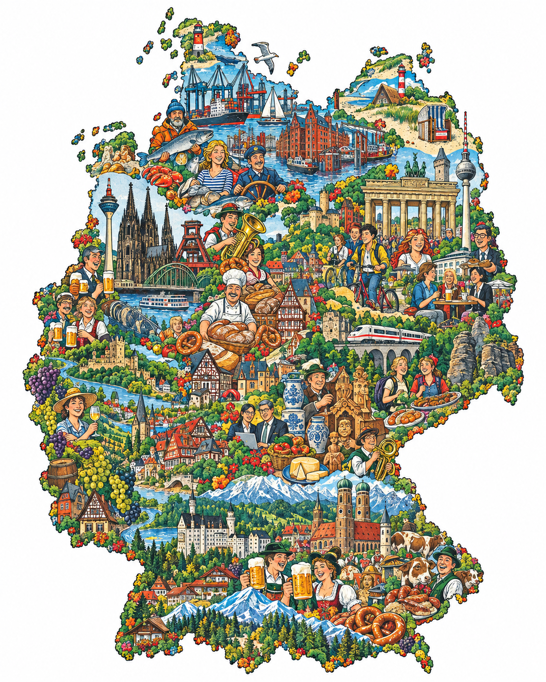 ドイツの都市・食・文化・人々を描いた手描き調のコラージュ