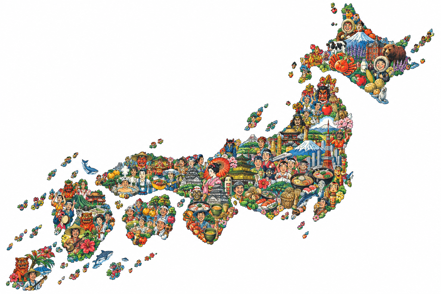 人物・食・都市のモチーフが重なり合う、力強い黒インクの日本列島ストリートコラージュ